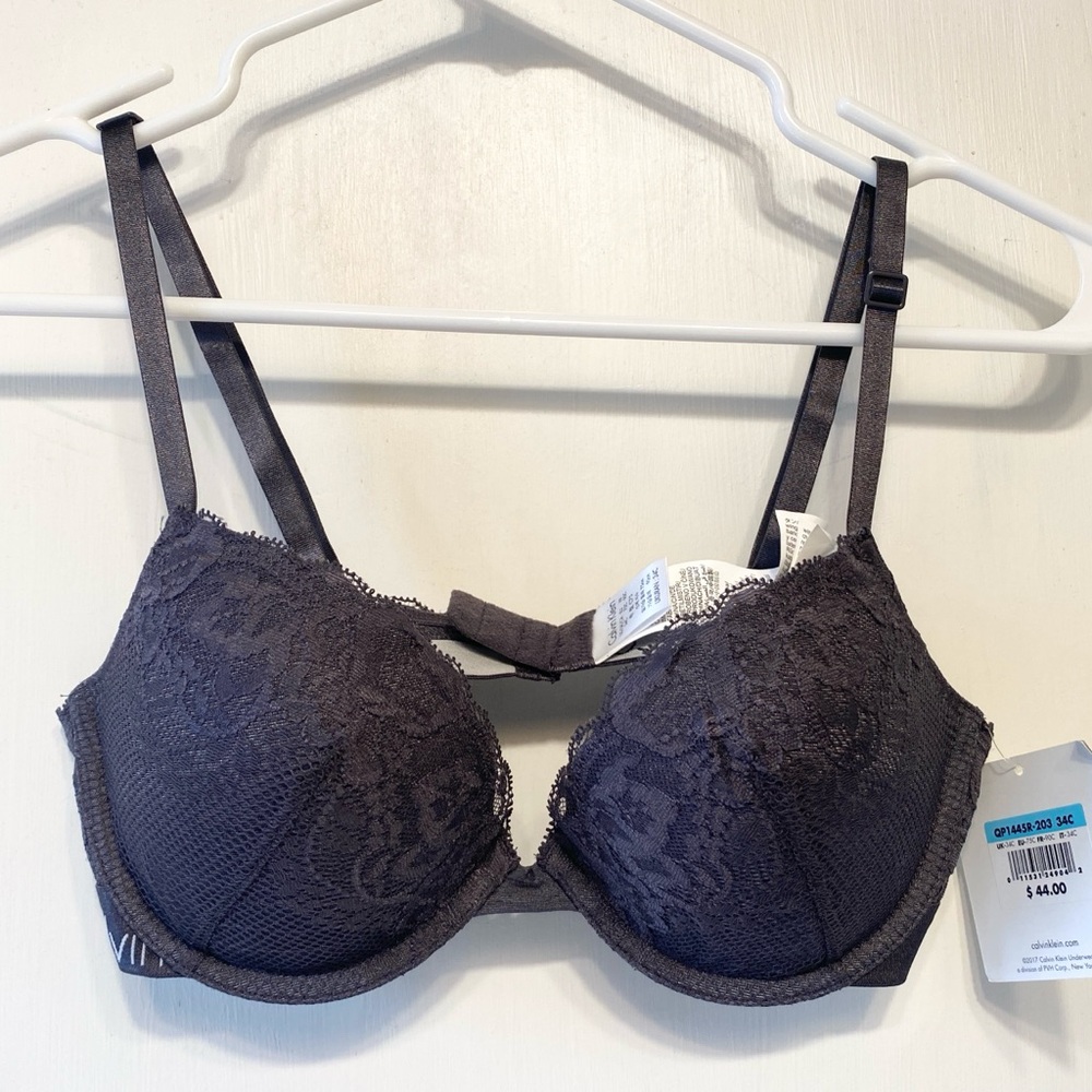 NEW NWT Calvin Klein CK Padded Underwire Demi Push Up Bra Grey Gray Lace 34C